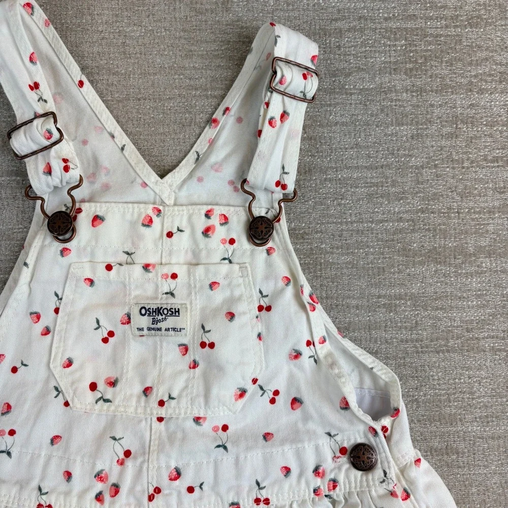 OshKosh B'gosh Vestbak Overall Dress Toddler 4T White Strawberry Cherry EUC